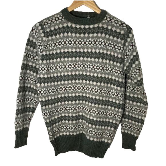 VTG Fair Isle Sweater Women Small 90s Wool Pullover Nordic Crewneck Green White - Picture 1 of 8